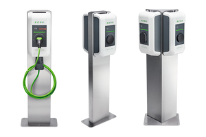 KEBA wallbox mounted on stainless steel pedestal variants, including V2 double opposite arrangement