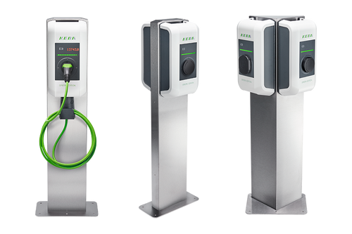 KEBA wallbox mounted on stainless steel pedestal variants, including V3 triangular arrangement