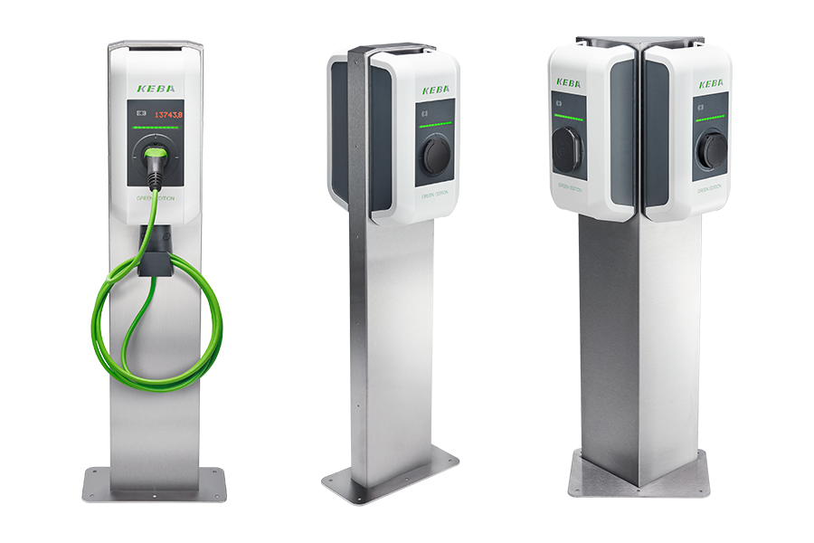 KEBA wallbox mounted on stainless steel pedestal variants, including V3 triangular arrangement